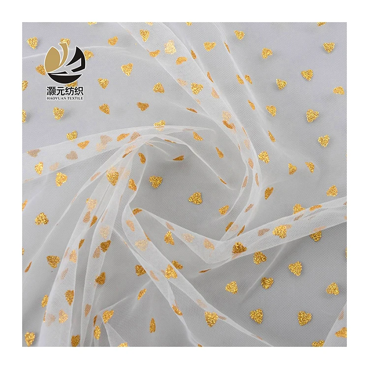 China supplier wholesale rose gold shiny printed polyester mesh tulle fabric for dresses