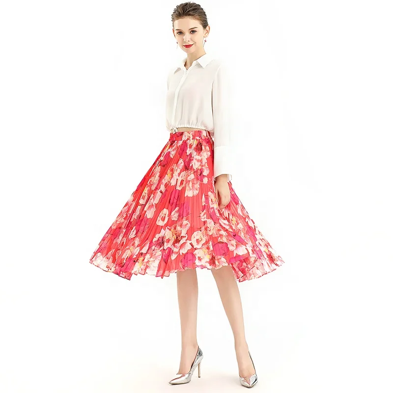 S076A custom low moq odm oem Fall High Quality Fashion New Print Chiffon Sunray Pleat Casual Skirt factory for Girl Women