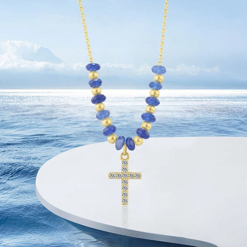 Hot Sale 925 Sterling Silver Gold Plated Necklace Blue Stone Beaded Shiny Zircon Cross Pendant Charm Necklace