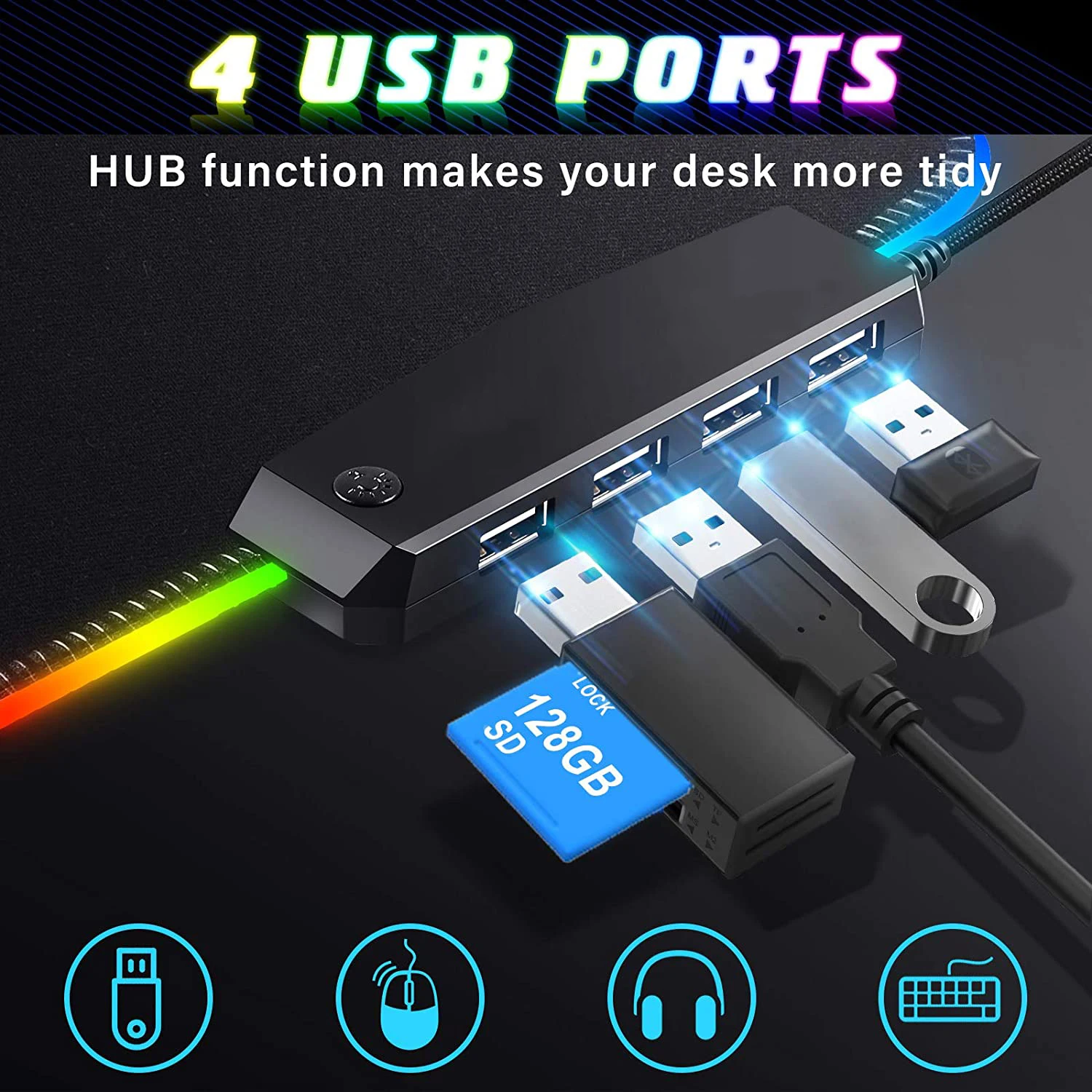 Great Roc non-slip rubber base for game mouse mat LED soft extended large size mousepad RGB gaming mouse pad with 4 port USB hub
