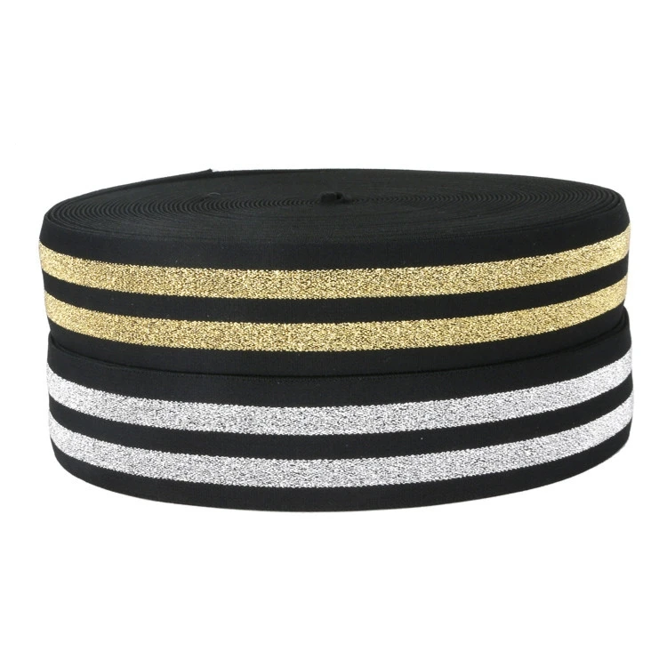 OEM 4cm printed elastic band colorful gold and silver silk elastic webbing glitter yarn band latex silk rubber band for garment