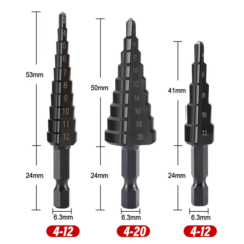 3PCS Quick Change Hex Shank Black Oxide Step Drill Bit Set Drill Bits for Metal Drilling