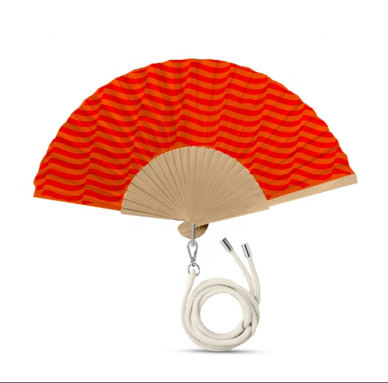 High quality wholesale 23cm original color wooden folding handheld fan fabric wood handmade fan with hook and rope