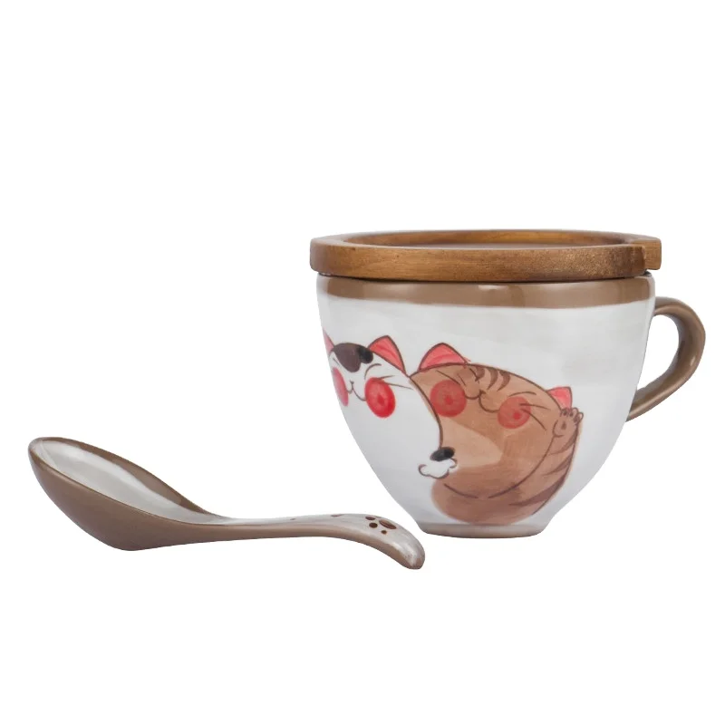 13.5 Ounce Porcelain Coffee Mug with Wooden Lid Spoon Japanese Cartoon Moe Cat Style Breakfast Cup Coffee Tea Cocoa Milk Nordic