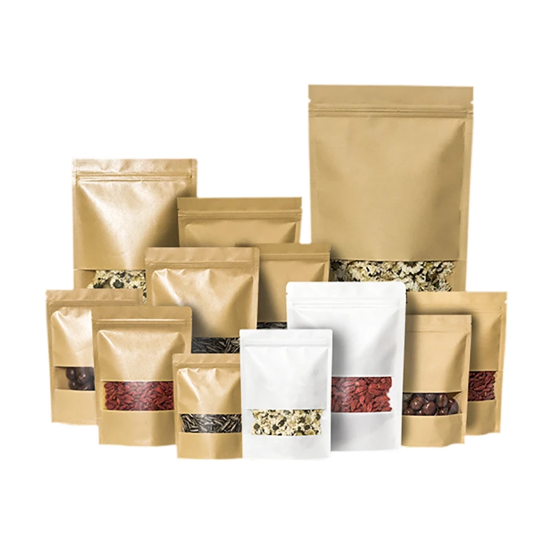 Biodegradable Recycled Customized Stand Up Pouches Dry Food Packaging Brown Kraft Paper Bags With Translucent Window
