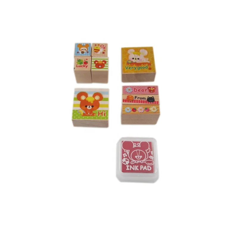 High quality Japanese funny wooden cartoon kids stamp with a mini red stamp pad