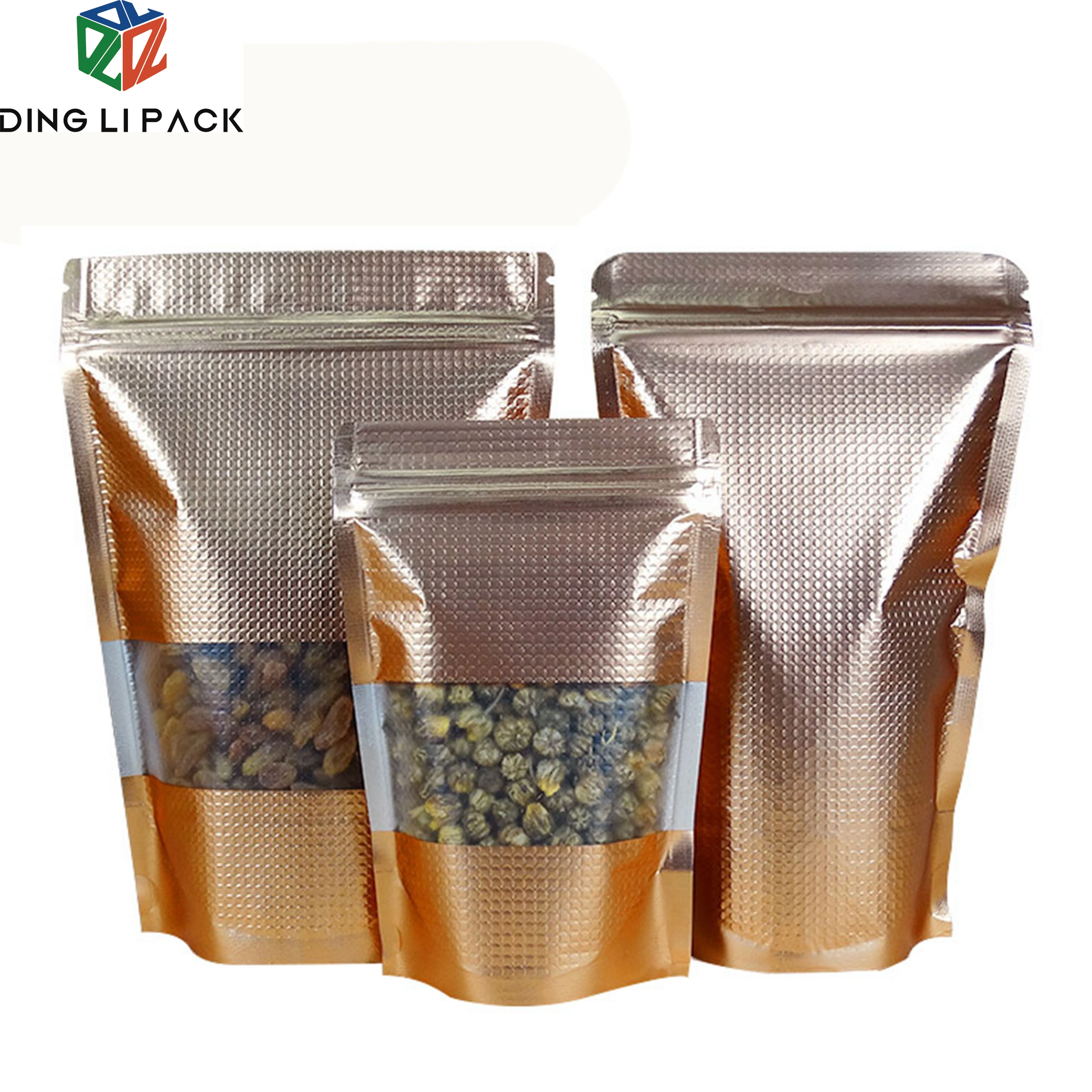 Ready for shipping solid gold stand up zipper bag with clear window