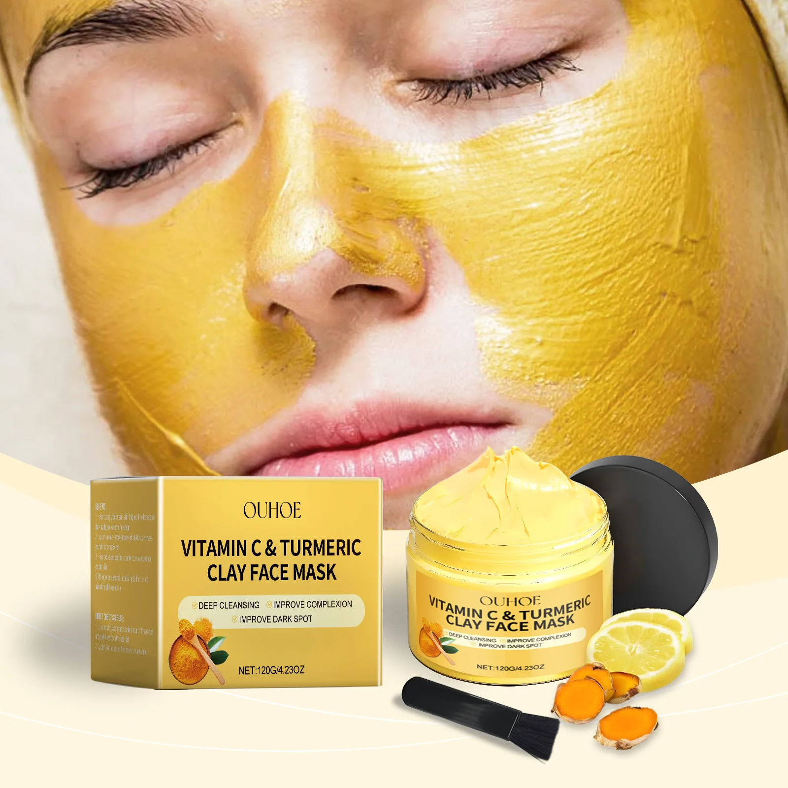 OUHOE Organic Turmeric Vitamin C Dark Spots Anti Acne Brightening Pores Cleansing Facial Purifying Clay Mask Skin Care Mud Mask