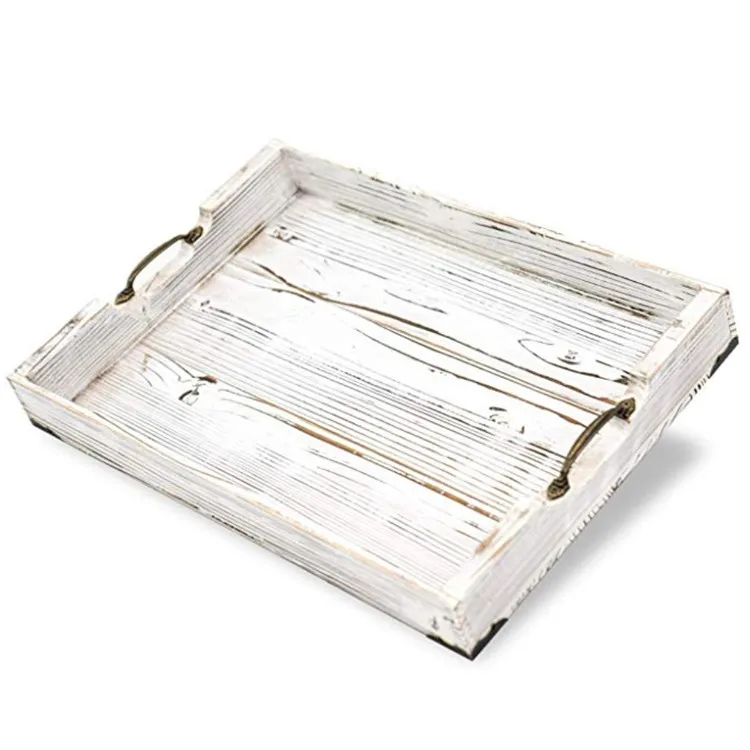 Distressed White Farmhouse Durable Solid Pine Wood Serving Trays and Platters