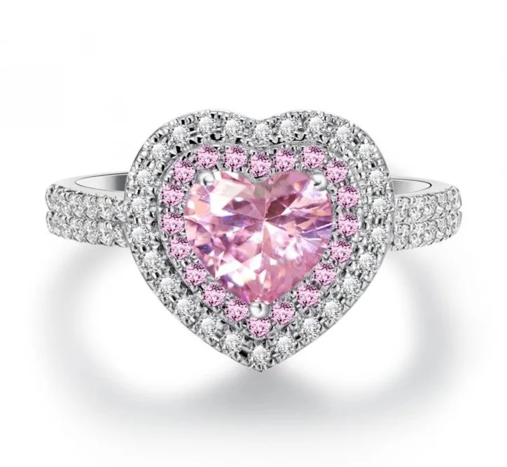 Luxury crystal ring plated platinum pink diamond heart ring ins fashion glamour ring for women