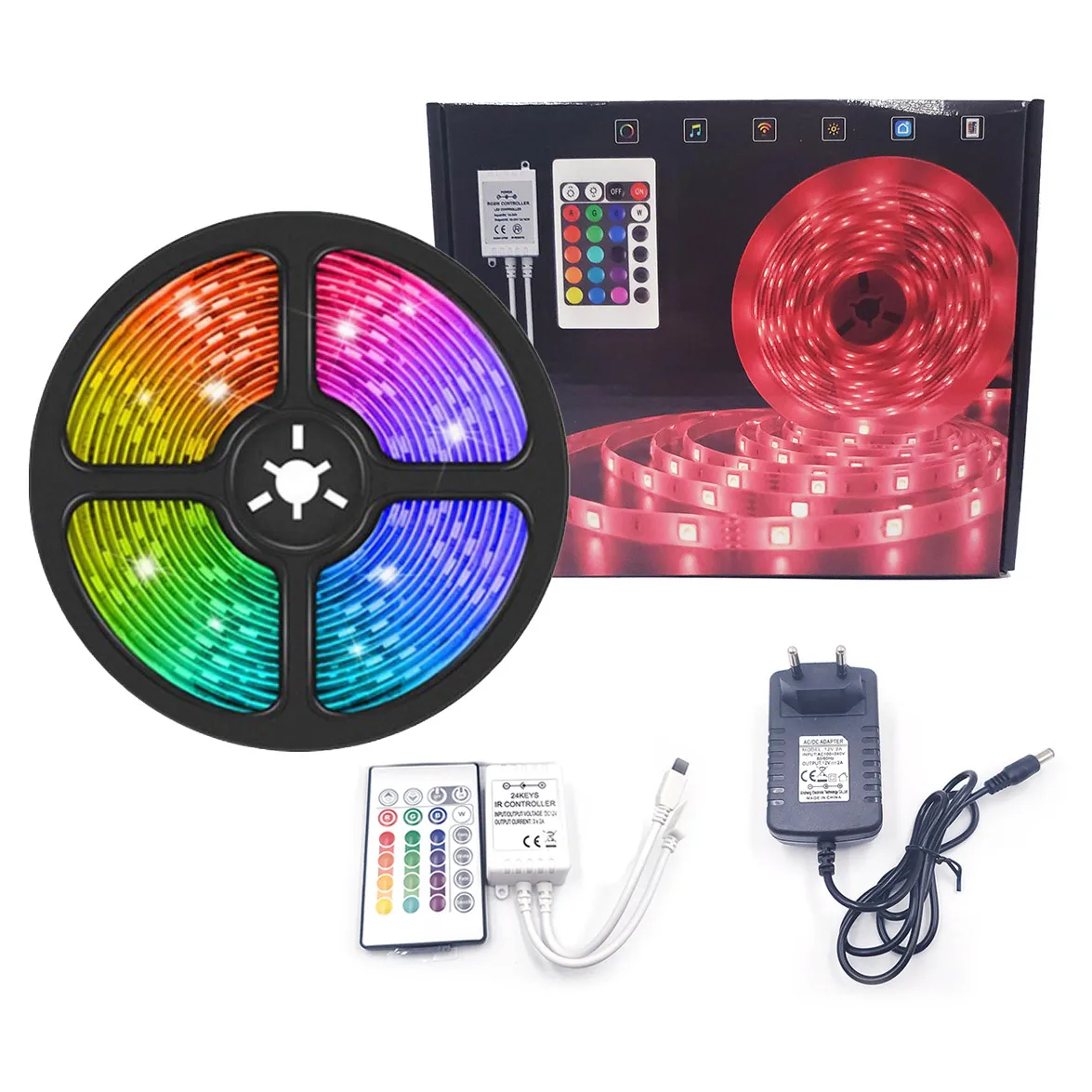 5m 150leds rgb 5050 waterproof  ip65  led strip light smd  ir 24key 44 key remote 12v us power adapter full kit for Amaza