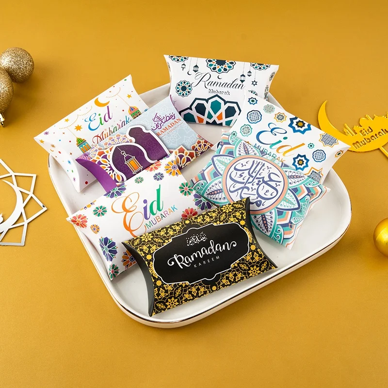 MorSun Muslim Candy Pillow Boxes For Handmade Cookie Packaging EID Mubarak Islamic Festival Party Decoration Supplies