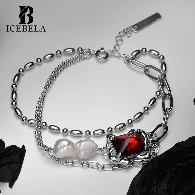 ICEBELA Jewelry S925 Sterling Silver American Heavy Industry Baroque Pearl Bracelet Laminated Ruby Bracelet