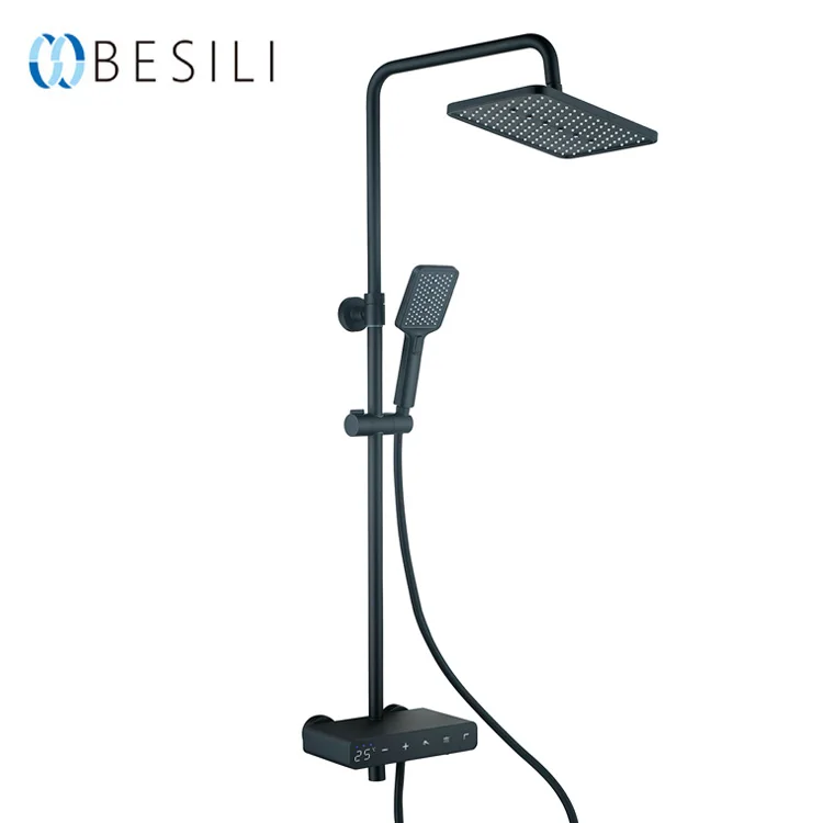 Modern Intelligent Water Saving Shower Faucet Black Bathroom Wall Mounted Thermostatic Rain Shower Set