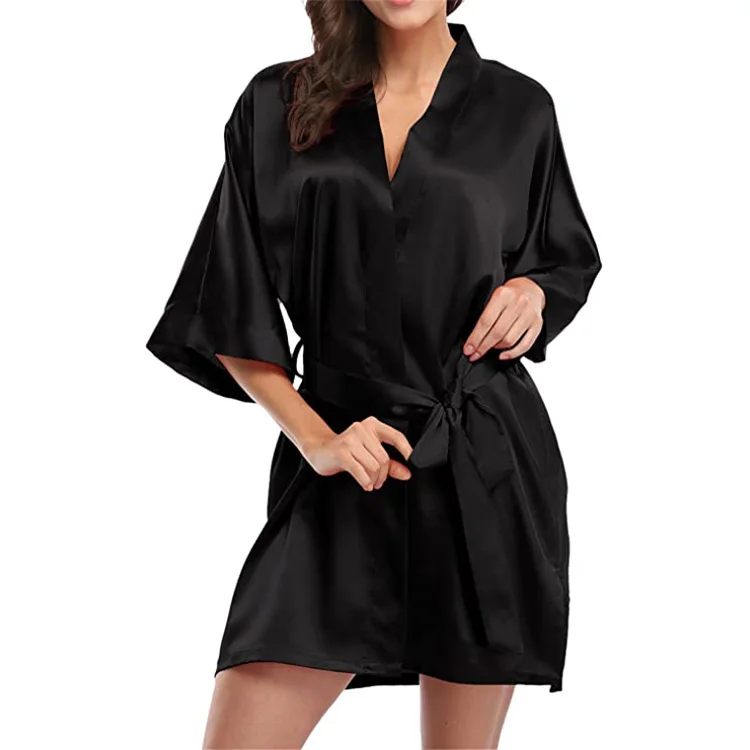 Women Satin Plain Short Kimono Bridesmaids Satin Lingerie Sexy Night Robe Pajamas  Bathrobes Satin Robe Party Pure Silk Robes