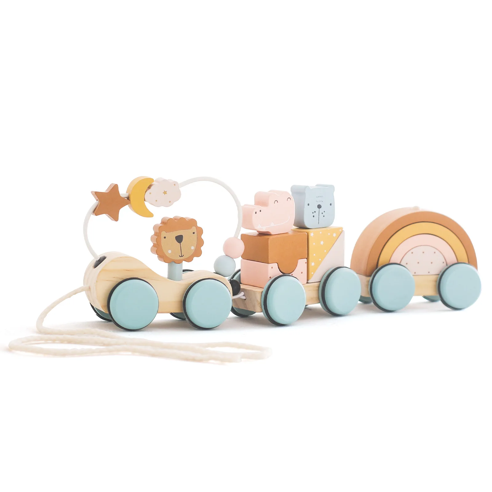 Wholesale Montessori Baby Wooden Toys Educational Babys Tractor Geometric Shape Car Tracks Pull Cart Toy For Kids