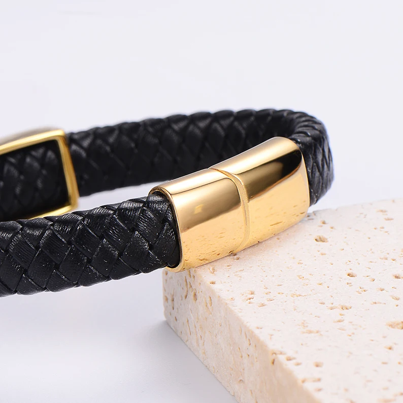 New Trendy Braided Cuff Wristband Stainless Steel Owl Snake Mens Braided Bracelet Magnetic Clasp Leather