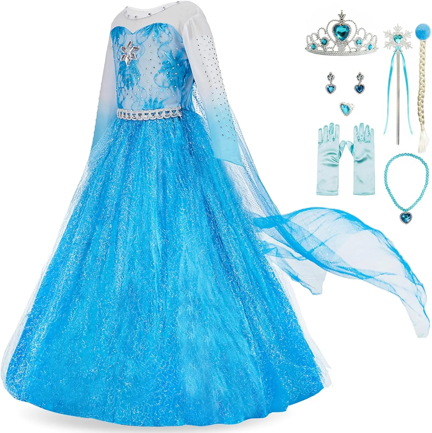 Long Sleeve Elsa Funna Fancy Party Blue Princess Dress Up Anime Costume Cosplay for Girls with Accessories