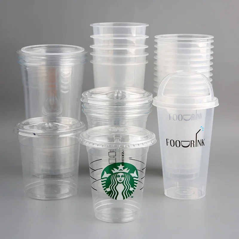 12 /16 /24 /32 oz Disposable plastic cups with lids Clear Transparent Custom Printed Logo cold coffee Plastic PET Cup For Drink