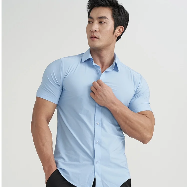 Men Solid Colour Formal Short Sleeve Cotton Breathable Stretch Slim Fit Shirt Quick-drying Wrinkle-resistant Fitness Shirt