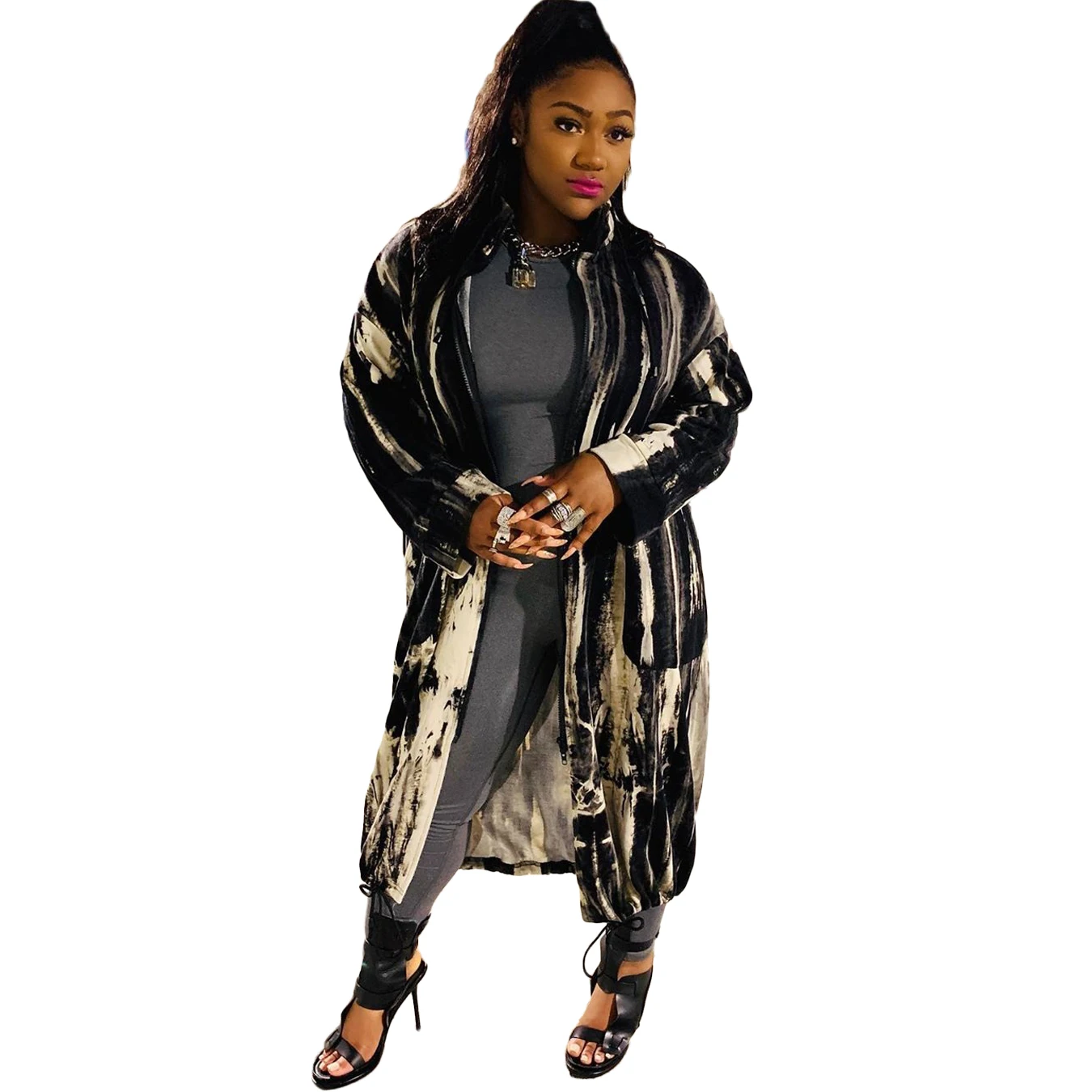 
BN115 2020 new arrival fall winter ladies coat jacket long sleeves tie dye full length women clothing trench coat jacket 