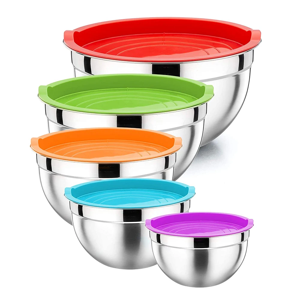 Colorful Non-Slip Salad Bowl Stainless Steel Mixing Bowls Set With Airtight lids
