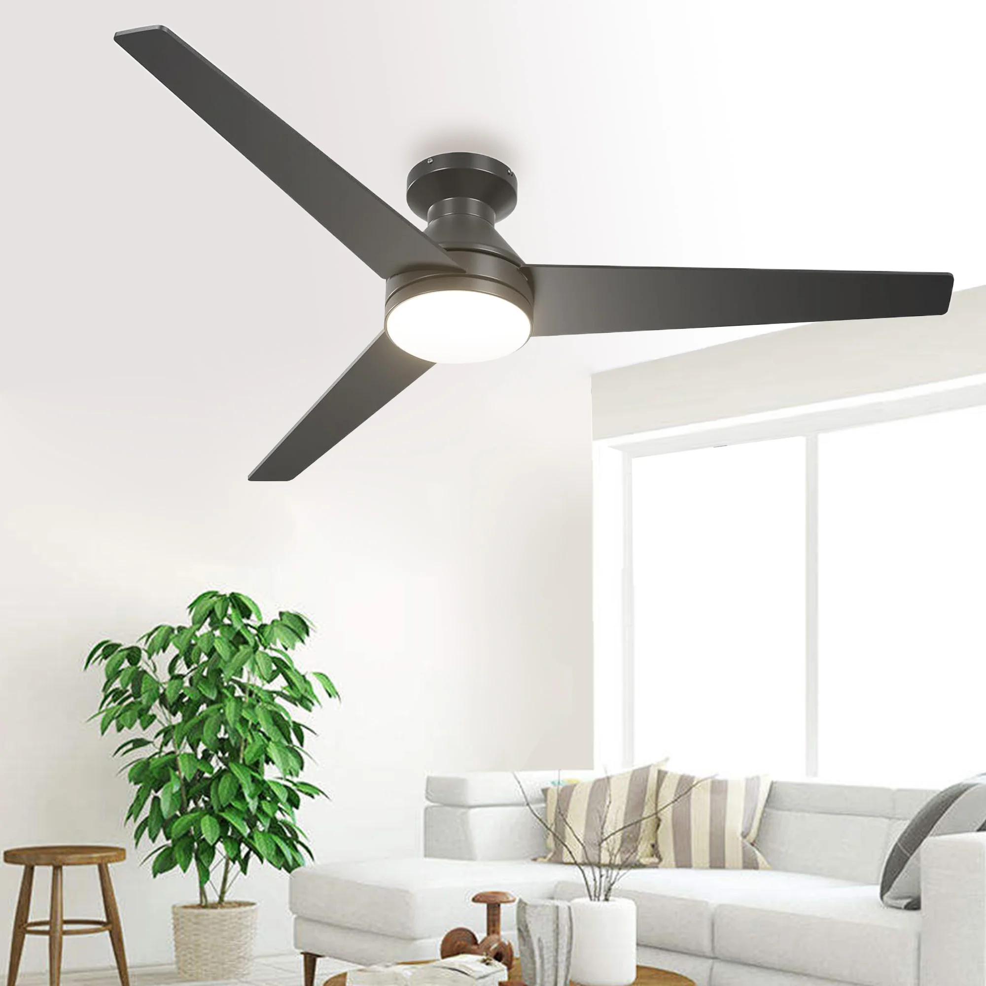 Modern indoor decorative 52 Inch 3 blades DC 110-230V fully copper low profile ceiling fan with LED lights