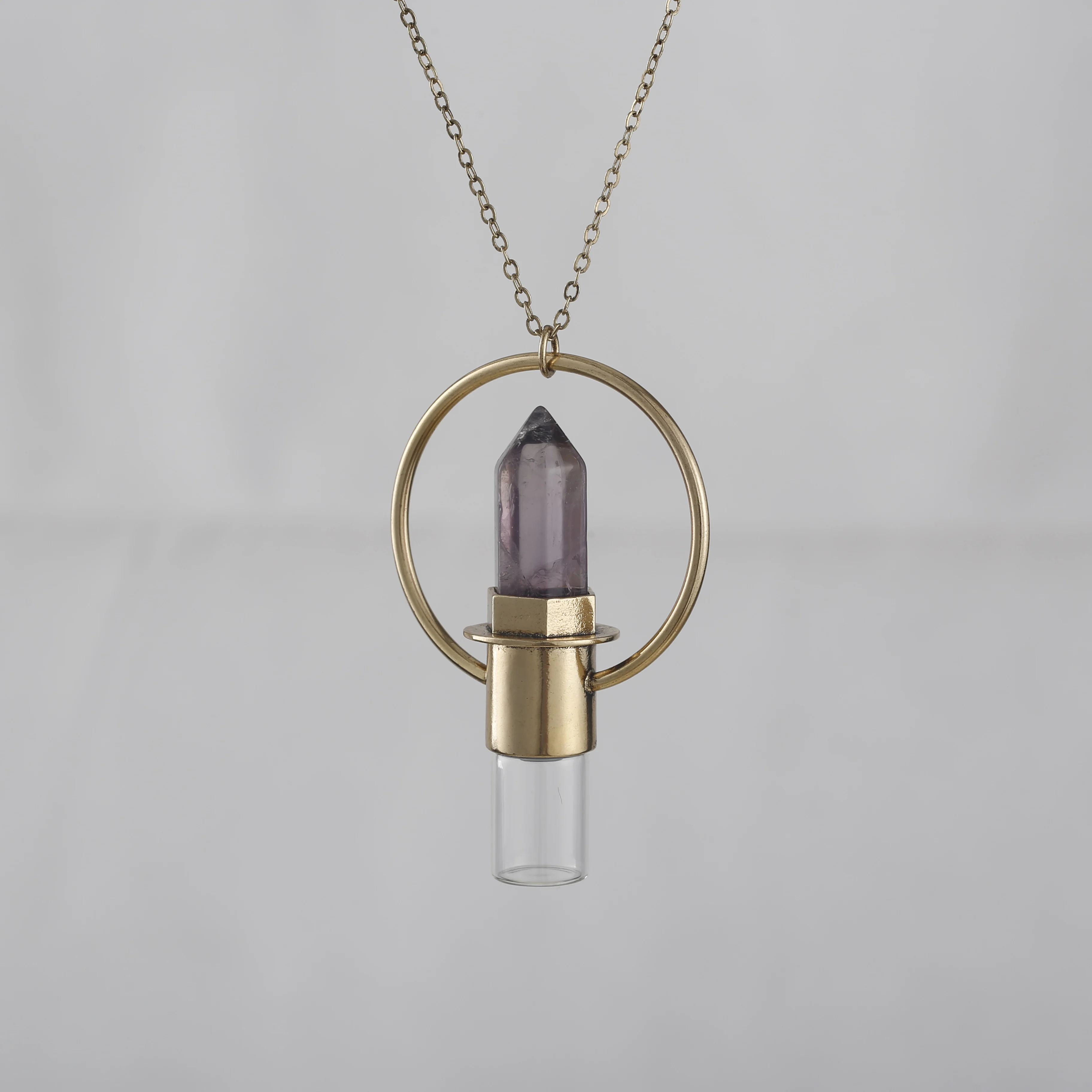 Retro Crystal Hexagonal Column Crystals Healing Natural Stone Jewelry Roller Ball Perfume Essential Oil Bottle Pendant Necklace
