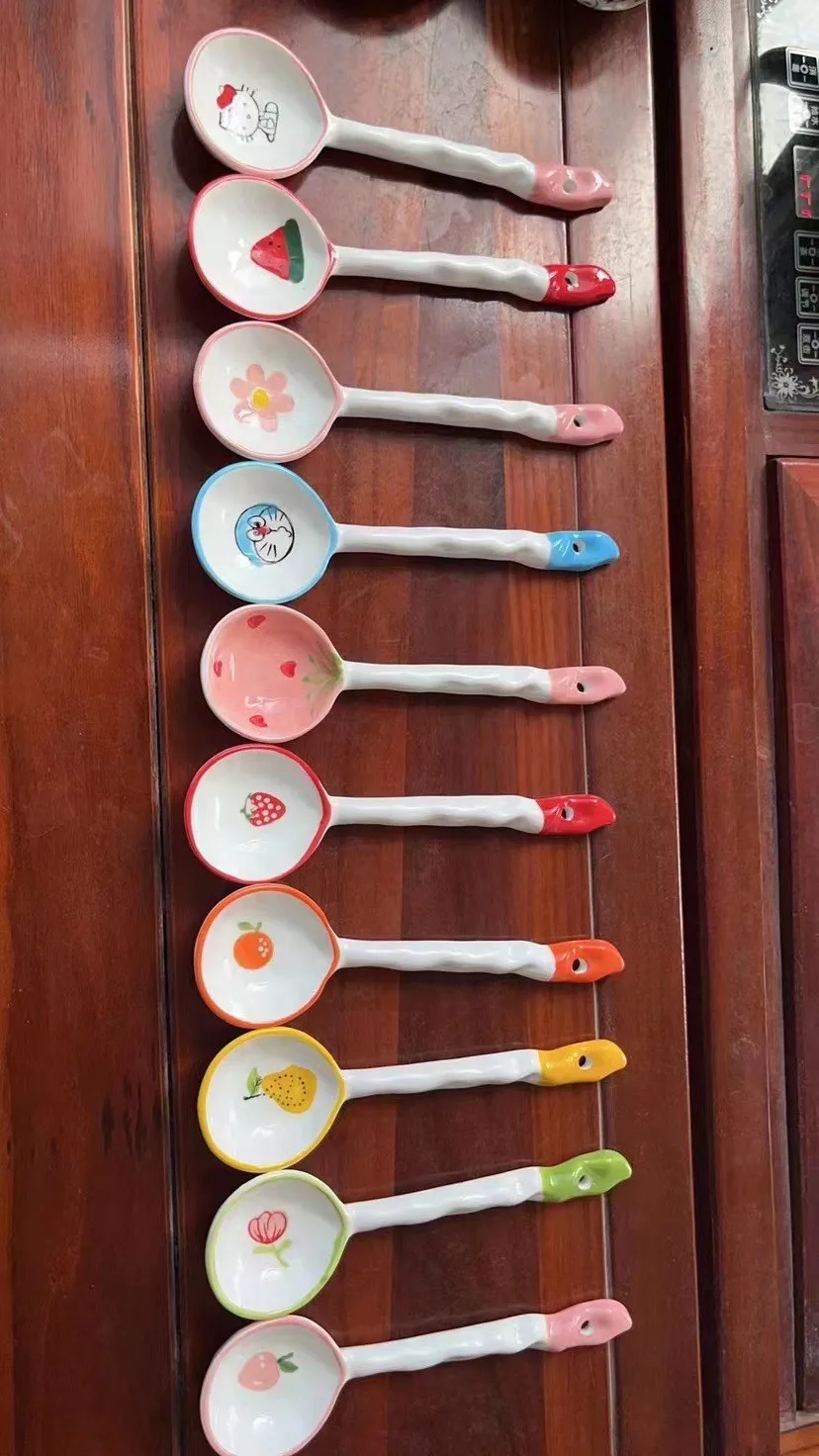 Handmade Retro Ceramic Soup Spoon Cute Personality with Simple Long Handle High Value Dinnerware for Household Use