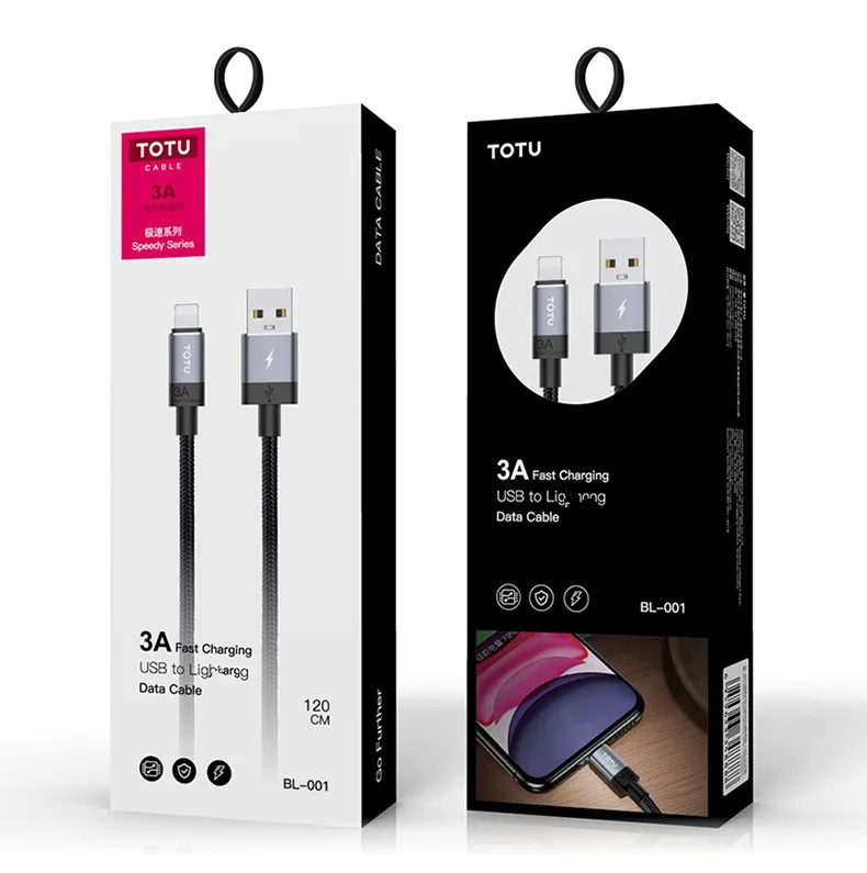 
TOTU BL-001 0.25m 1.2m 2m 3m durable braided wire 3A quick charge data kablel for iPhone 12 charging cable 