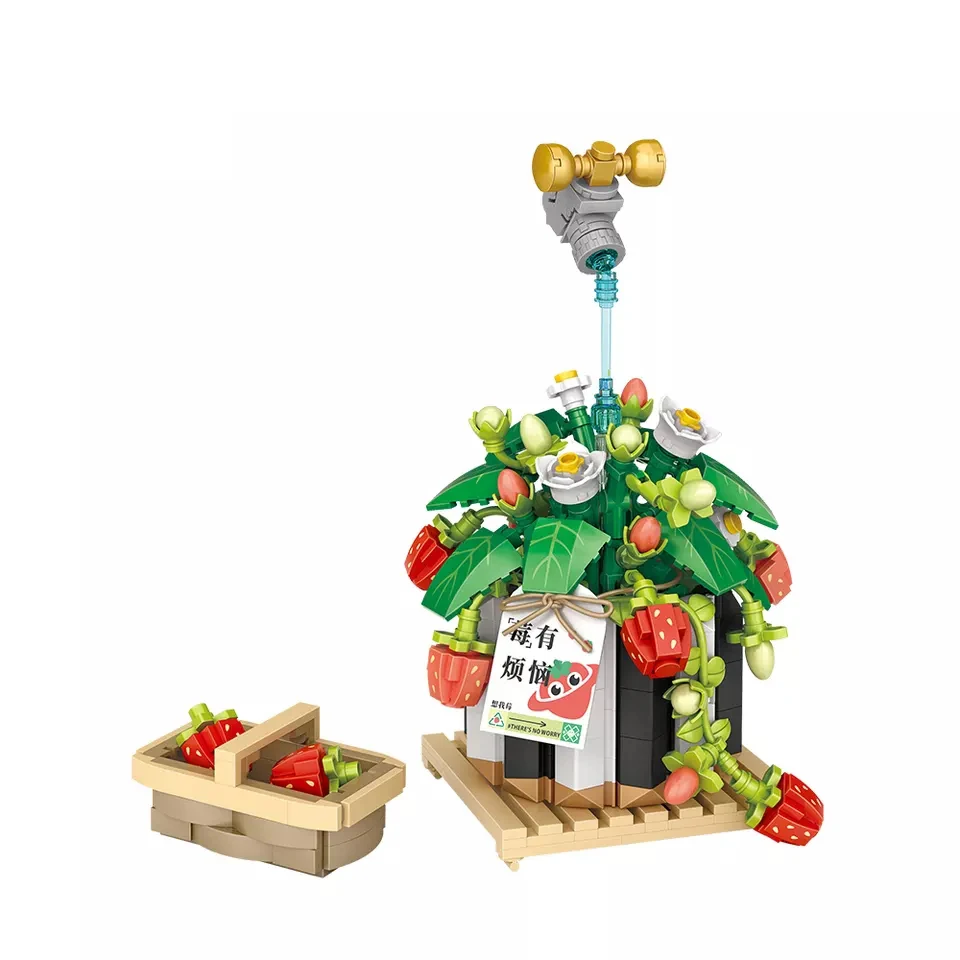 DIY creativity play assembled crafts flower garden construct brick toy sets Strawberry potted plants mini building blocks
