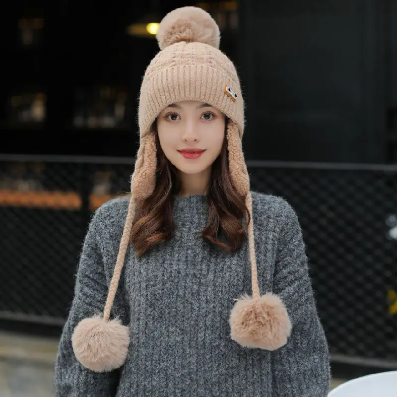 Women Six Color Warm Wool Earflap Hat Winter Outdoors Thicken Beanies Three Fur Pom Pom Knitted Hats With Leather Patch