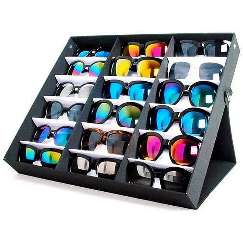 Hot Selling 18 Slots Sunglasses Display Stand Storage Box Tray Case Stand Black Glasses Displays