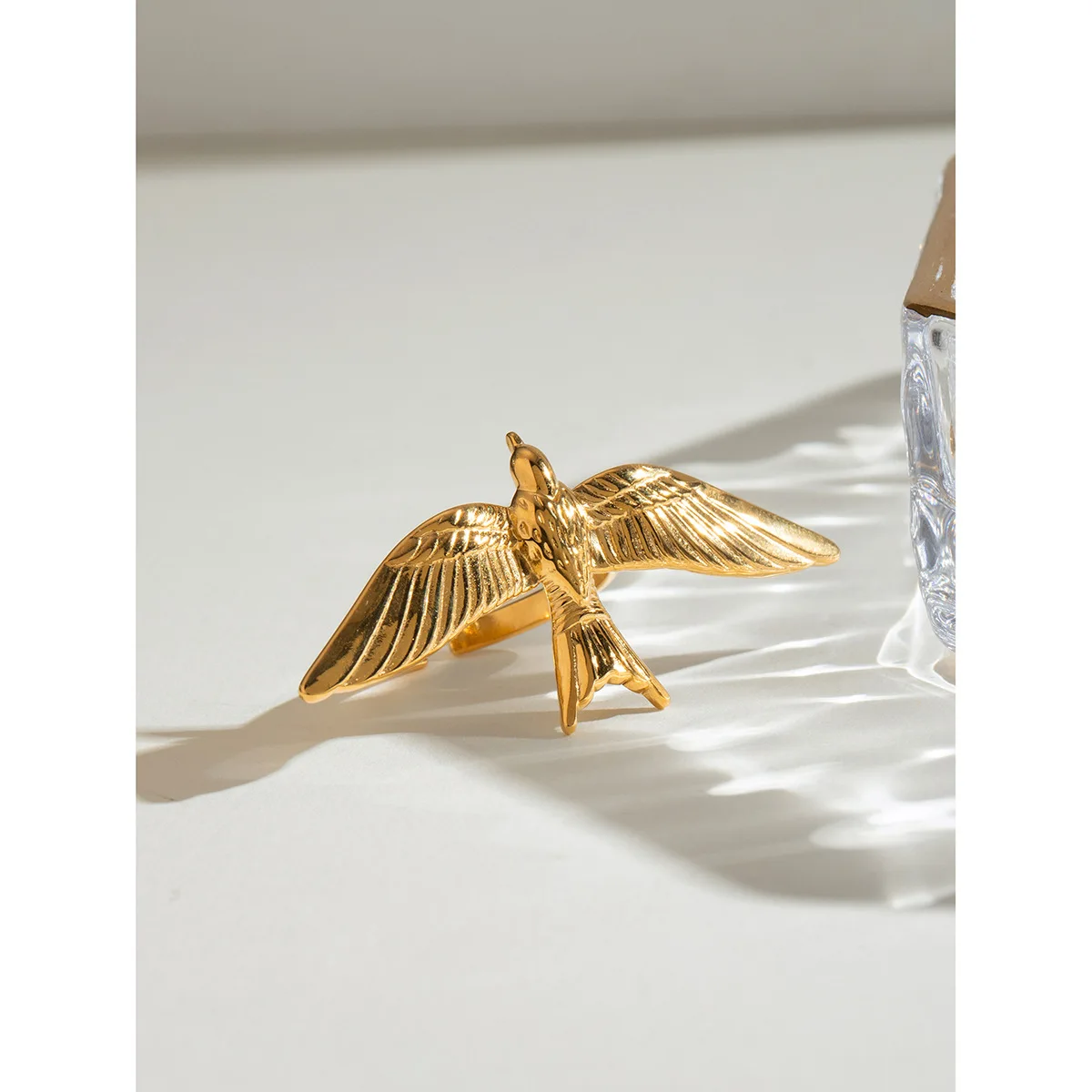 L019 Wholesale 18K PVD Gold Plated Stainless Steel Delicate Wild Goose Finger Ring Cute Bird Open Ring For Women Jewelry
