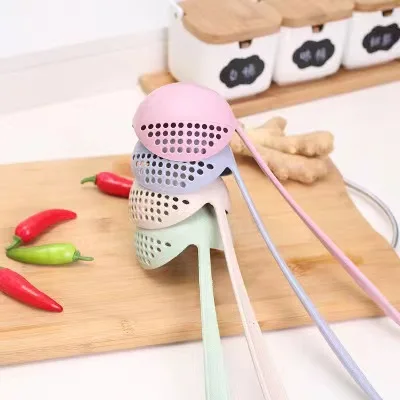 Household Kitchen Spoon Wheat Straw Two-in-one Long Handle Plastic Colander Filter Creative Tableware Hot Pot Scoop