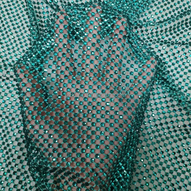 Blue zircon crystal in fish net DMC quality rhinestone fabric for clothes