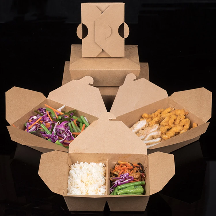 Disposable Takeway Food Packaging Kraft Paper Lunch Bento Box Paper Takeout Food Box