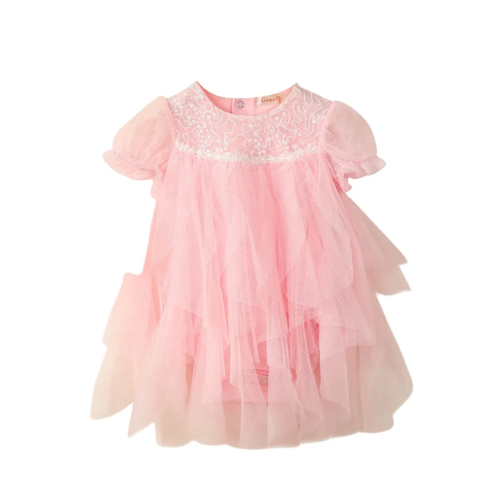 
 High Quality 2021 Toddler Girl Clothing Light Color Short Sleeve Tulle 1 Year Baby Birthday Princess Kids Dress  