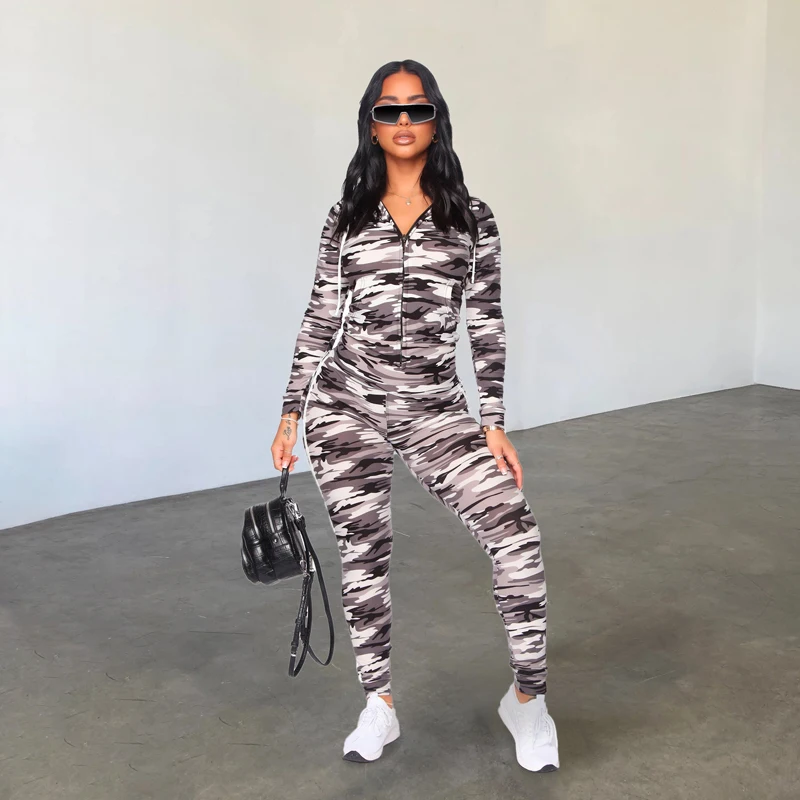 Women Autumn Winter Coat Pants Suit Zipper Design Clothing Camouflage Printed Two Piece Set