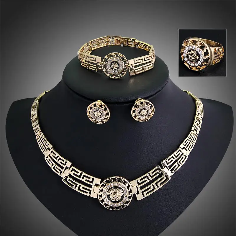  Vintage Charming Euramerican Round Necklace Earring Bracelet Ring Set for Women 4-Piece
