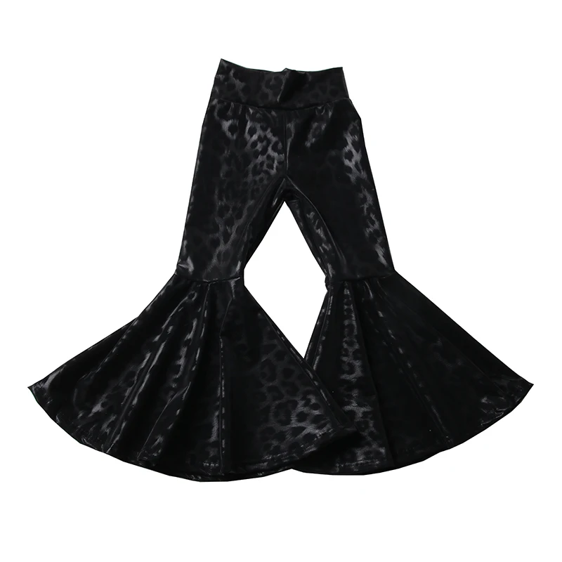 Best selling Kids clothing Cheetah leopard print Metallic leather fabric Hight waist Girls fashion Bell bottoms