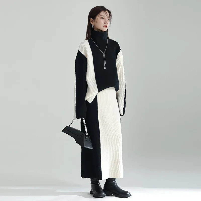 High Neck Long Sleeve Knit Top and Winter Skirt Set for Women 2-Piece Cotton Cute Sweater Set with Logo Pattern ODM Model
