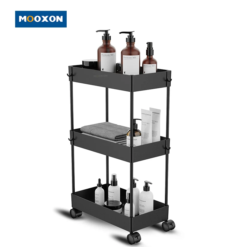 3 Tier Nordic Shower Caddy Shelf Slide Out Storage Cart Bathroom Trolley Kitchen Rolling Metal Utility Slim Cart with Wheel