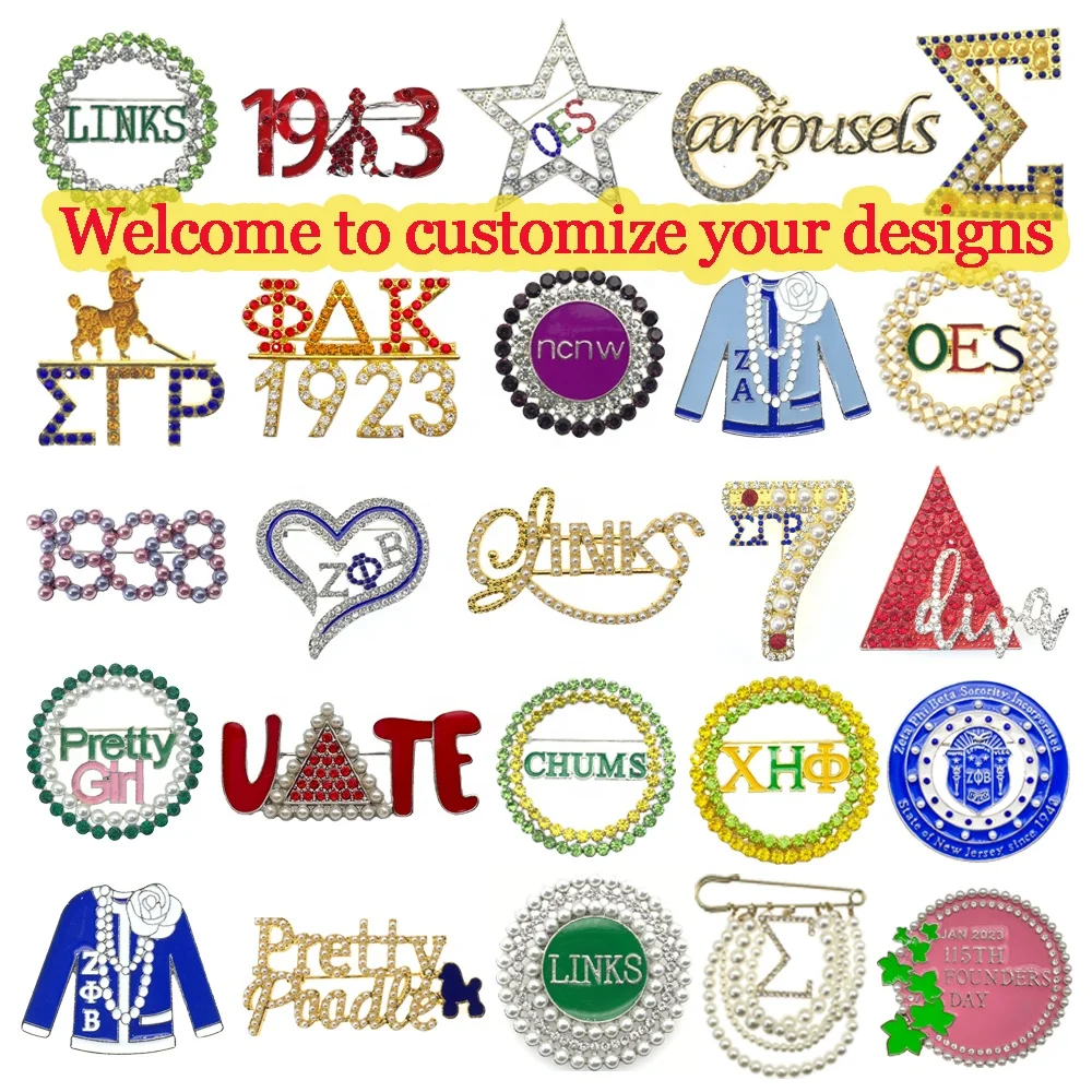 Custom Logo Metal Alloy Green Rhinestone Greek Letters 1946 The Links Brooch Sorority Lapel Pin Jewelry Fraternity Gift