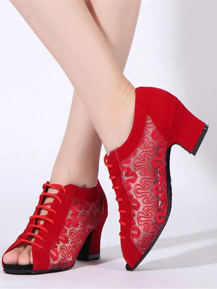 Red Color Women Ballroom Dance Shoes 4.5cm Heel Dragon Lace Suede Sole Teacher Student Practice Latin Salsa
