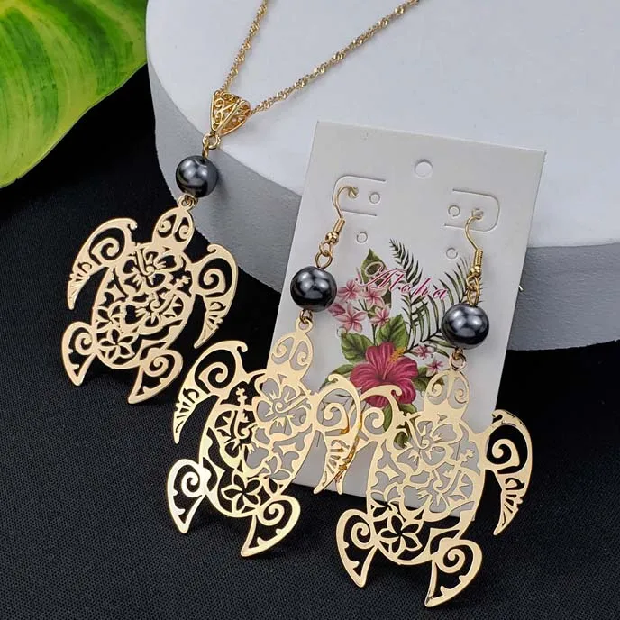 
Hawaiian fashion plated gold pearl pendant necklace earrings jewelry set for women 
