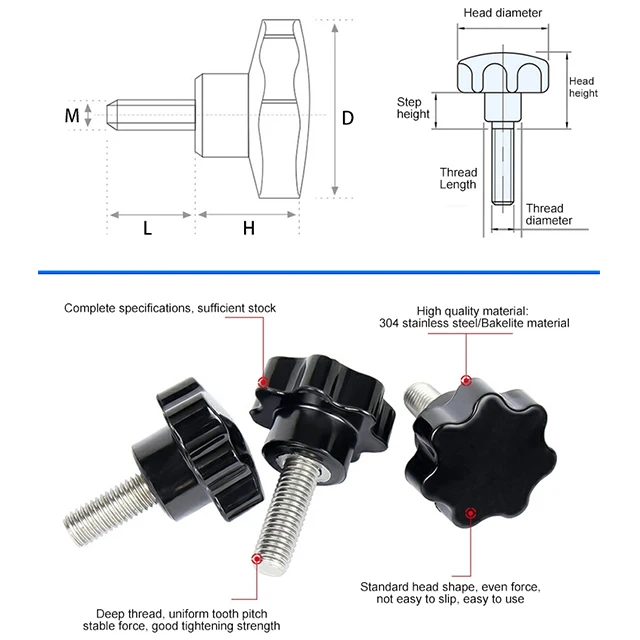 1/4-20 M5 M3 M6 M8 Plum Handle Screw Wing Knob Screws Adjustable Plastic Star Head Knurled Thumb Screw