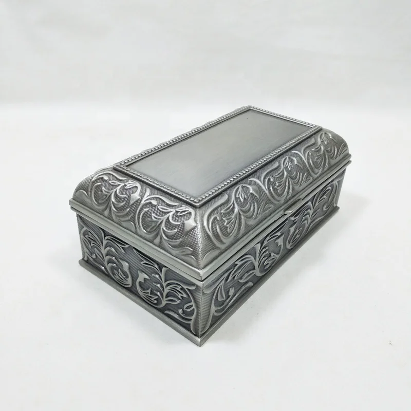 Zinc alloy medium rectangle jewelry box with classical flower patternin in pewter plated