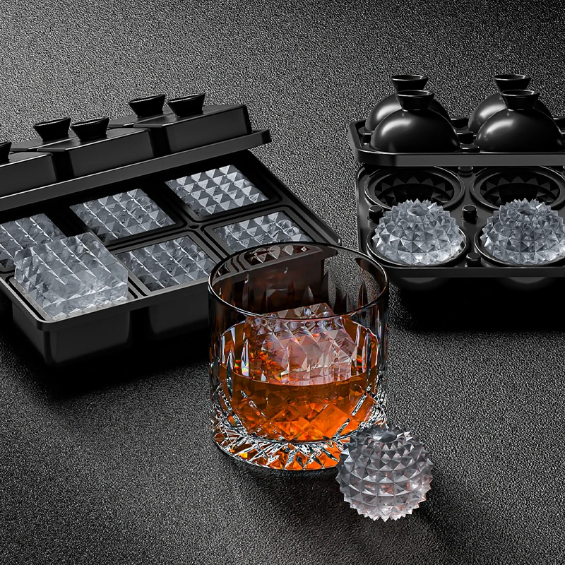New Set of 2  Prism Crystal Ice Cube Tray And  Large Sphere Silicone Round Ice Mold With Funnel-type Lid