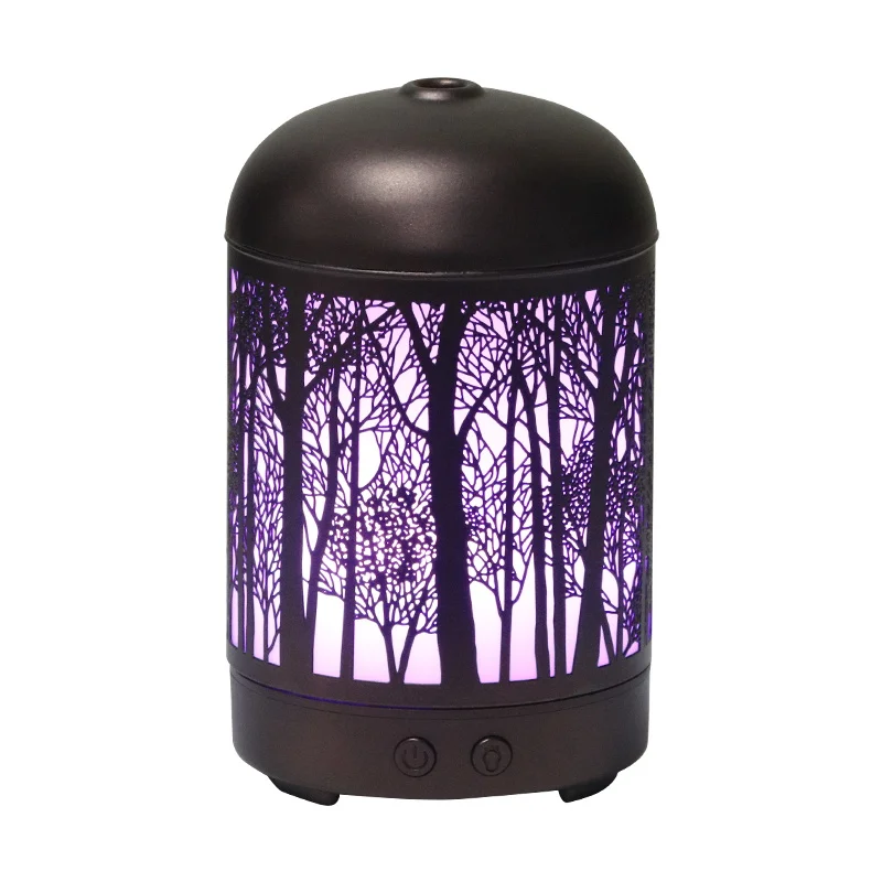 Wholesale 100ml Metal Aroma Diffuser 7 Color LED Lights Forest Pattern Essential Oil Humidifier for Household